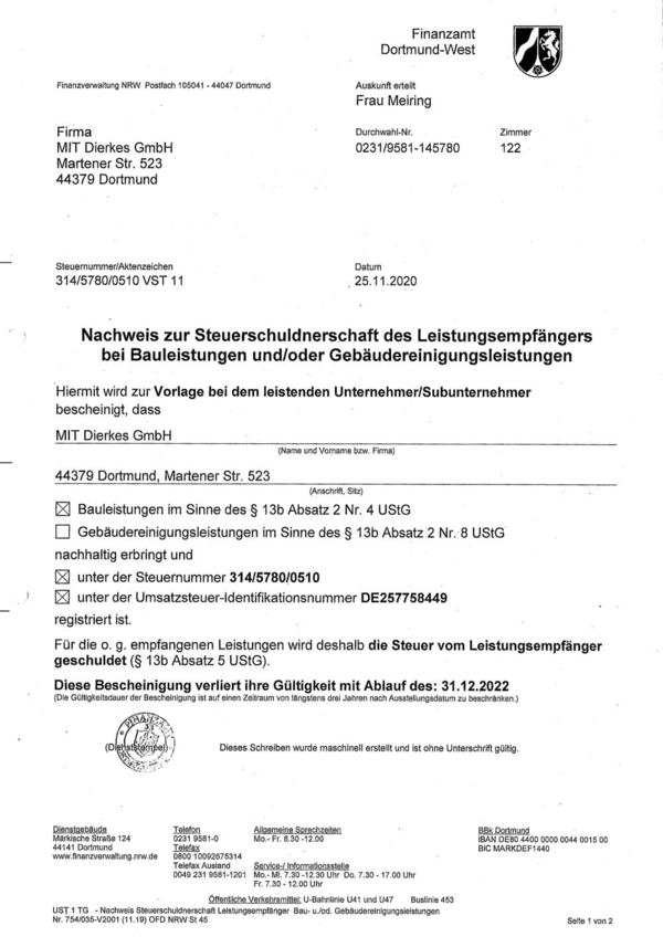 Nachweis zur Steuerschuldnerschaft des Leistungsempfängers Bauleistungen nach § 13 Abs. 2 für die Firma MiT Dierkes GmbH